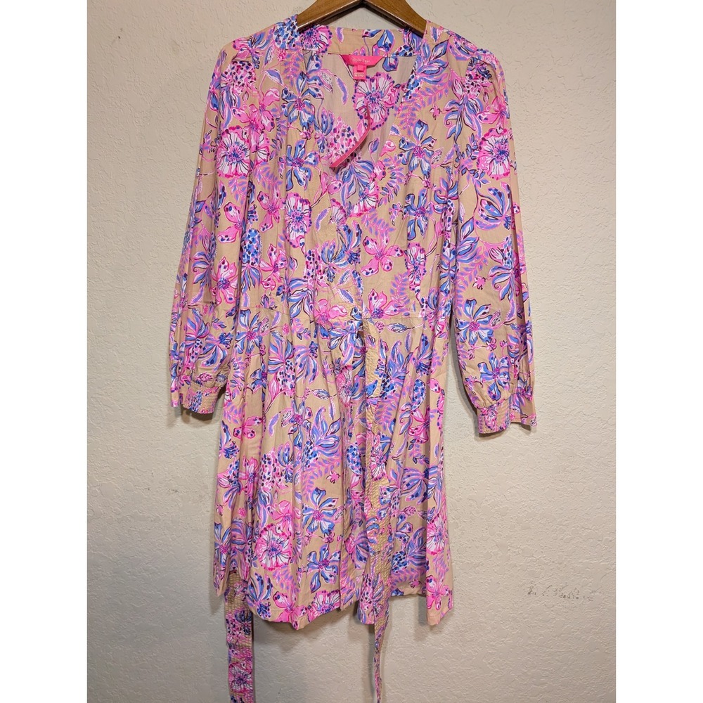 Lilly Pulitzer Sheila Wrap‎ Dress Womens 12 Pink Tropical Floral 3/4 Sleeve NWT